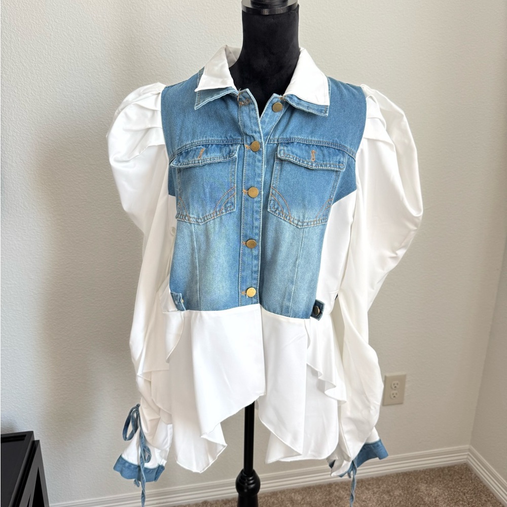 Denim and White Button Down Shirt with puffy sleeves - Picture 4 of 5